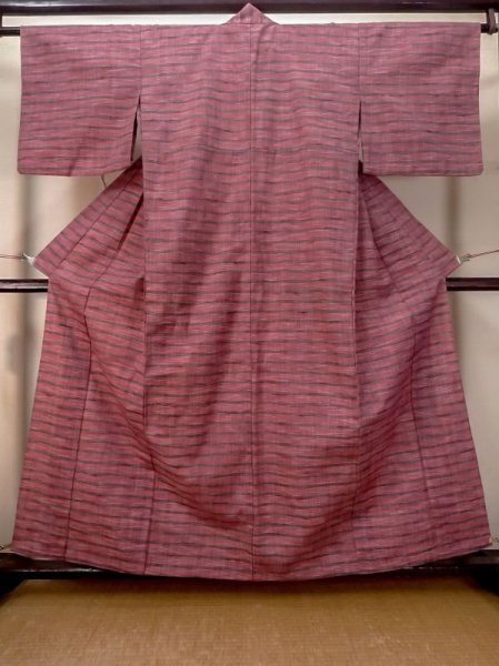 Photo1: M0712V Used Japanese women  Purple HITOE unlined / Wool. Stripes,   (Grade D) (1)