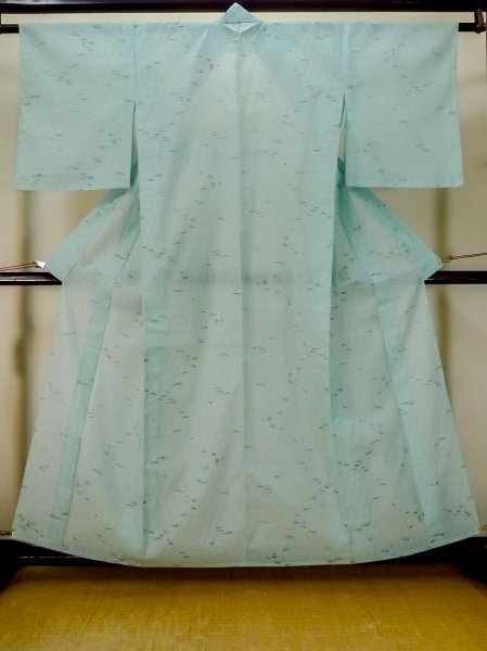 Photo1: M0712Z Used Japanese women  Light Blue HITOE unlined / Linen. Abstract pattern   (Grade B) (1)