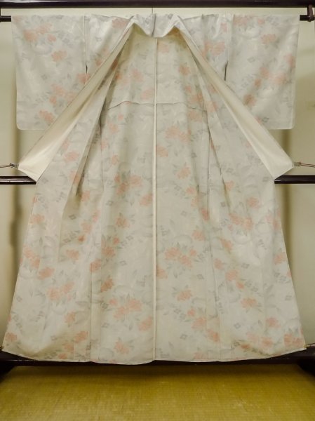 Photo2: M0713C Used Japanese women Light Gray HITOE unlined / Silk. Flower,   (Grade B) (2)