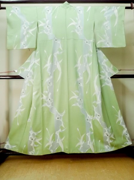 Photo1: Mint M0720D Used Japanese women Shiny Yellowish Green KOMON dyed / Silk. Flower,   (Grade A) (1)
