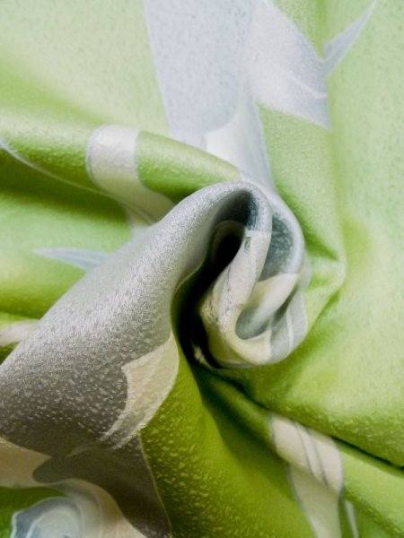 Photo11: Mint M0720D Used Japanese women Shiny Yellowish Green KOMON dyed / Silk. Flower,   (Grade A) (11)