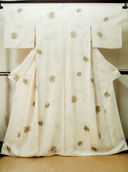 Photo1: M0720E Used Japanese women  Off White KOMON dyed / Silk. Flower,   (Grade C) (1)
