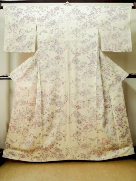 Photo1: M0720F Used Japanese women  Ivory KOMON dyed / Silk. Flower,   (Grade C) (1)