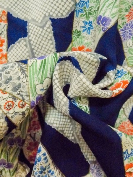 Photo11: M0720H Used Japanese women  Navy Blue KOMON dyed / Silk. Peony,   (Grade C) (11)