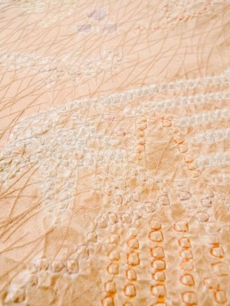 Photo9: Mint M0720J Used Japanese womenPale Light Coral KOMON dyed / Silk. Abstract pattern Koto, Shamisen pattern  (Grade A) (9)