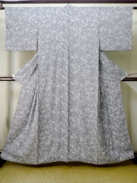 Photo1: M0720N Used Japanese women Pale Gray KOMON dyed / Silk. Flower,   (Grade B) (1)