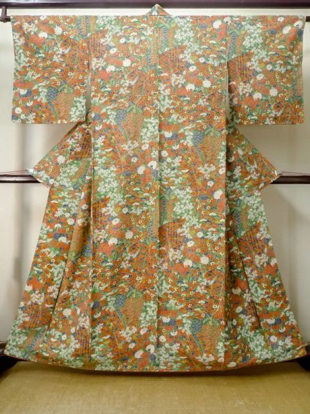 Photo1: Mint M0720O Used Japanese women  Green KOMON dyed / Silk. Flower, Screen pattern  (Grade A+) (1)