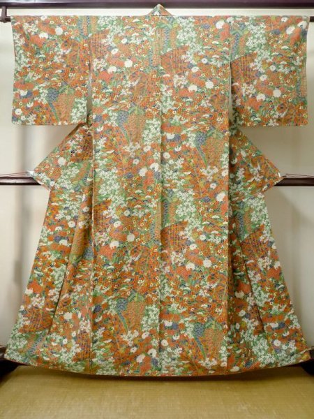 Photo1: Mint M0720O Used Japanese women  Green KOMON dyed / Silk. Flower, Screen pattern  (Grade A+) (1)