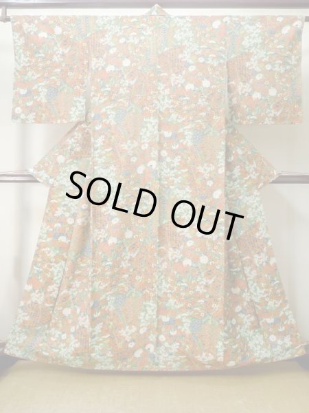 Photo1: Mint M0720O Used Japanese women  Green KOMON dyed / Silk. Flower, Screen pattern  (Grade A+) (1)