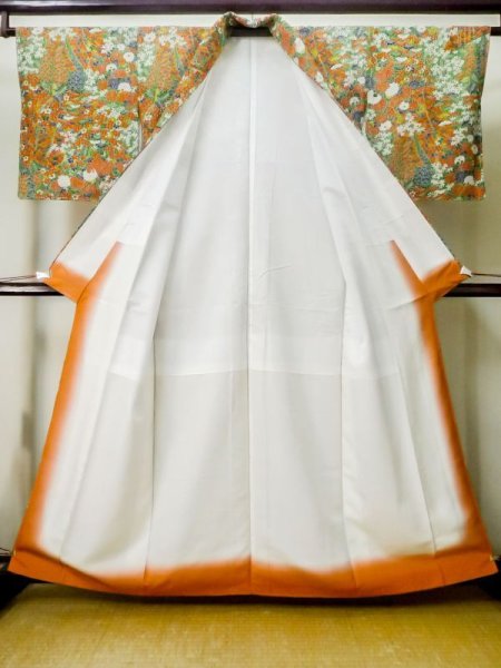 Photo2: Mint M0720O Used Japanese women  Green KOMON dyed / Silk. Flower, Screen pattern  (Grade A+) (2)