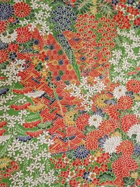 Photo4: Mint M0720O Used Japanese women  Green KOMON dyed / Silk. Flower, Screen pattern  (Grade A+) (4)