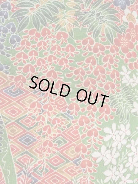 Photo7: Mint M0720O Used Japanese women  Green KOMON dyed / Silk. Flower, Screen pattern  (Grade A+) (7)