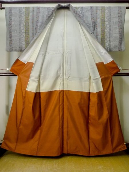 Photo2: M0720Q Used Japanese women  Gray KOMON dyed / Silk. Flower,   (Grade B) (2)