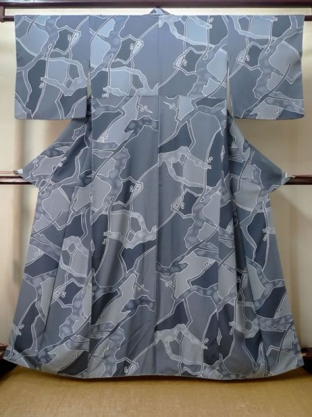 Photo1: M0720R Used Japanese women  Gray KOMON dyed / Silk. Abstract pattern   (Grade C) (1)