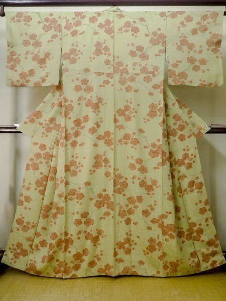 Photo1: M0720S Used Japanese womenPale Grayish Yellowish Green KOMON dyed / Silk. UME plum bloom   (Grade B) (1)