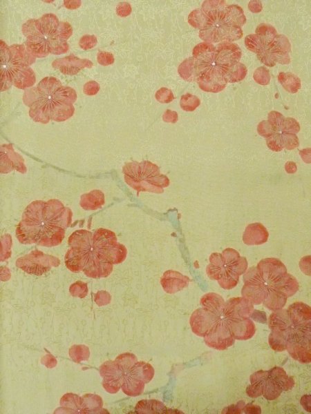 Photo3: M0720S Used Japanese womenPale Grayish Yellowish Green KOMON dyed / Silk. UME plum bloom   (Grade B) (3)