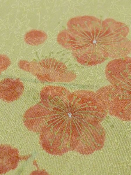 Photo8: M0720S Used Japanese womenPale Grayish Yellowish Green KOMON dyed / Silk. UME plum bloom   (Grade B) (8)