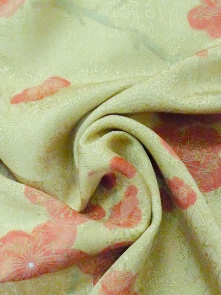Photo12: M0720S Used Japanese womenPale Grayish Yellowish Green KOMON dyed / Silk. UME plum bloom   (Grade B) (12)