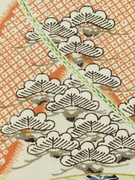 Photo9: Mint M0720V Used Japanese women Light Orange KOMON dyed / Silk. Peony,   (Grade A) (9)