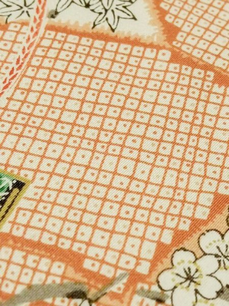 Photo13: Mint M0720V Used Japanese women Light Orange KOMON dyed / Silk. Peony,   (Grade A) (13)
