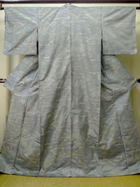 Photo1: M0721B Used Japanese women Grayish Multi Color TSUMUGI pongee / Silk. House,   (Grade C) (1)