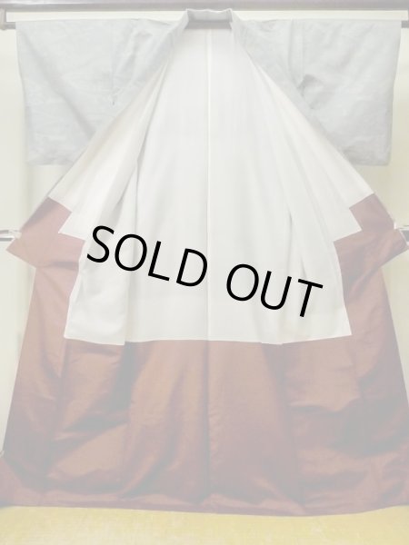 Photo2: M0721B Used Japanese women Grayish Multi Color TSUMUGI pongee / Silk. House,   (Grade C) (2)