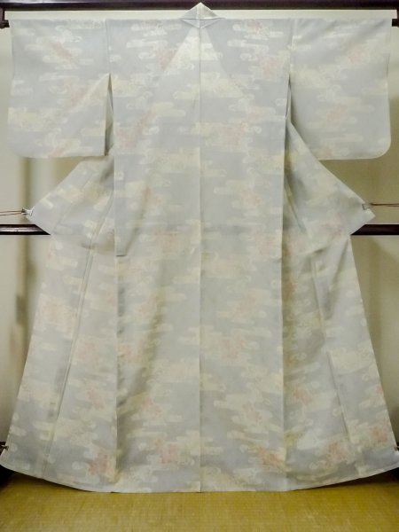 Photo1: M0721D Used Japanese women Light Blue Summer / Silk. Flower,   (Grade C) (1)