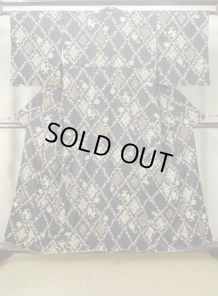 Photo1: M0728F Used Japanese women  Black KOMON dyed / Silk. Flower,   (Grade B) (1)