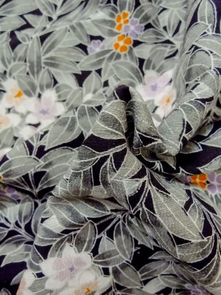 Photo12: M0728G Used Japanese women  Black KOMON dyed / Silk. Flower,   (Grade B) (12)