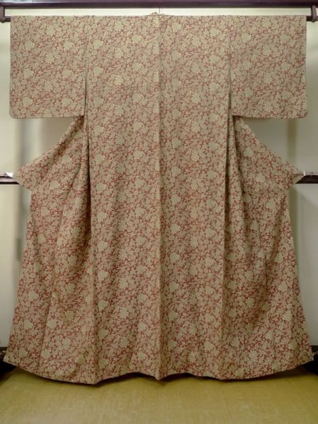 Photo1: M0728K Used Japanese women  Beige KOMON dyed / Silk. Flower,   (Grade C) (1)