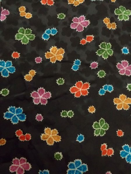 Photo4: M0728T Used Japanese women  Black KOMON dyed / Silk. Flower   (Grade B) (4)