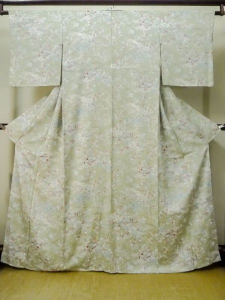 Photo1: M0728U Used Japanese women Pale Green KOMON dyed / Silk. Peony,   (Grade A) (1)