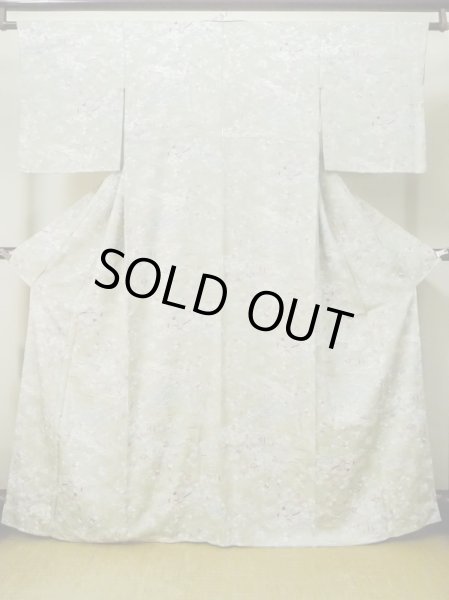 Photo1: M0728U Used Japanese women Pale Green KOMON dyed / Silk. Peony,   (Grade A) (1)