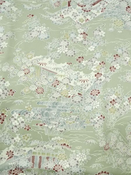 Photo3: M0728U Used Japanese women Pale Green KOMON dyed / Silk. Peony,   (Grade A) (3)