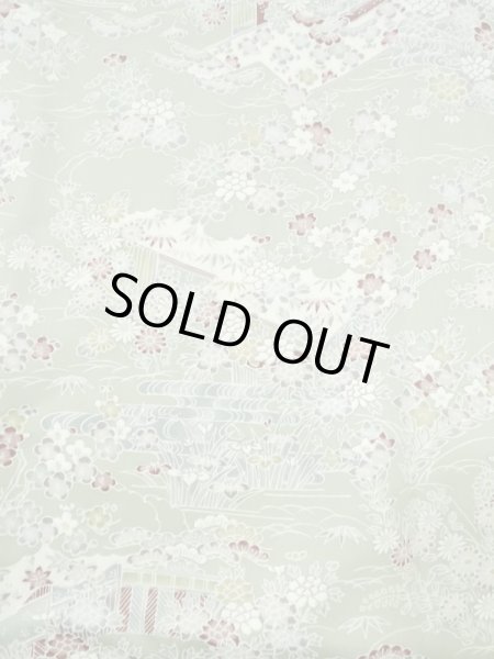 Photo3: M0728U Used Japanese women Pale Green KOMON dyed / Silk. Peony,   (Grade A) (3)