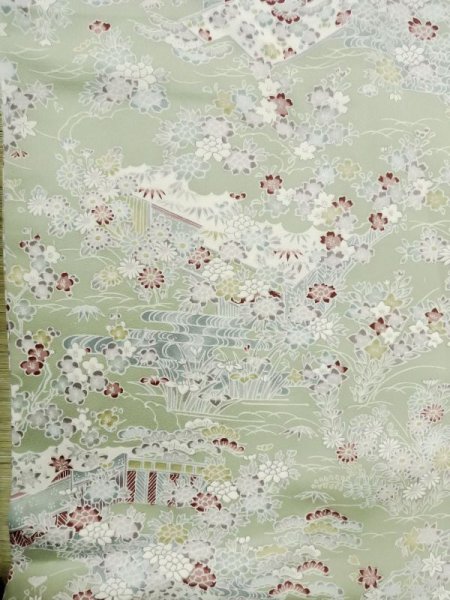 Photo4: M0728U Used Japanese women Pale Green KOMON dyed / Silk. Peony,   (Grade A) (4)