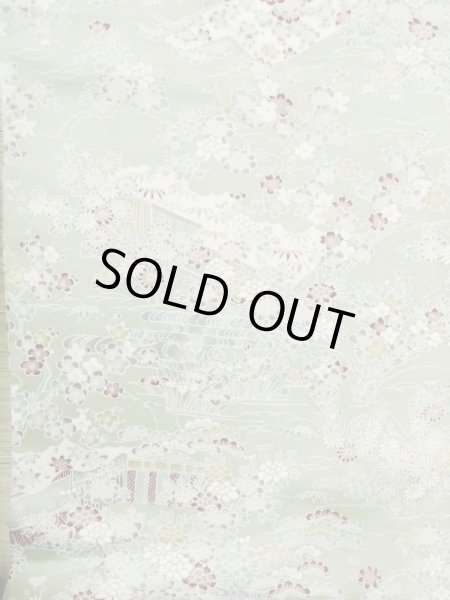 Photo4: M0728U Used Japanese women Pale Green KOMON dyed / Silk. Peony,   (Grade A) (4)