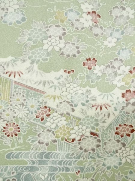 Photo5: M0728U Used Japanese women Pale Green KOMON dyed / Silk. Peony,   (Grade A) (5)
