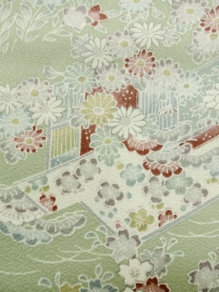 Photo7: M0728U Used Japanese women Pale Green KOMON dyed / Silk. Peony,   (Grade A) (7)