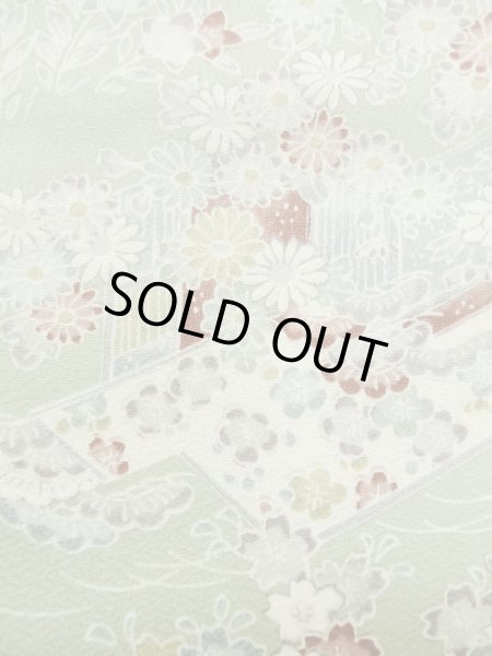 Photo7: M0728U Used Japanese women Pale Green KOMON dyed / Silk. Peony,   (Grade A) (7)