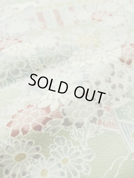 Photo8: M0728U Used Japanese women Pale Green KOMON dyed / Silk. Peony,   (Grade A) (8)