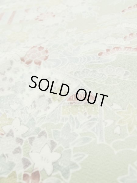 Photo9: M0728U Used Japanese women Pale Green KOMON dyed / Silk. Peony,   (Grade A) (9)