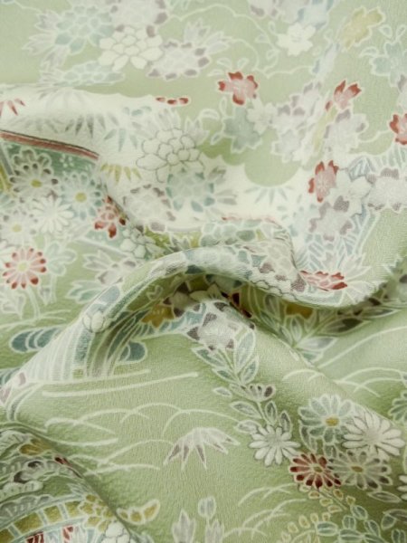 Photo11: M0728U Used Japanese women Pale Green KOMON dyed / Silk. Peony,   (Grade A) (11)