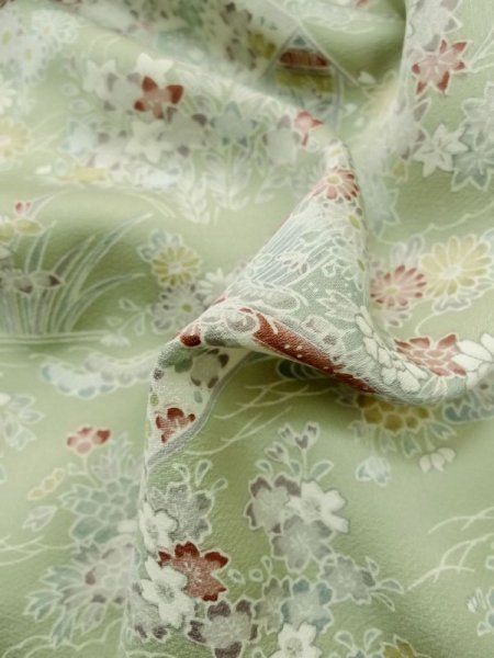 Photo12: M0728U Used Japanese women Pale Green KOMON dyed / Silk. Peony,   (Grade A) (12)