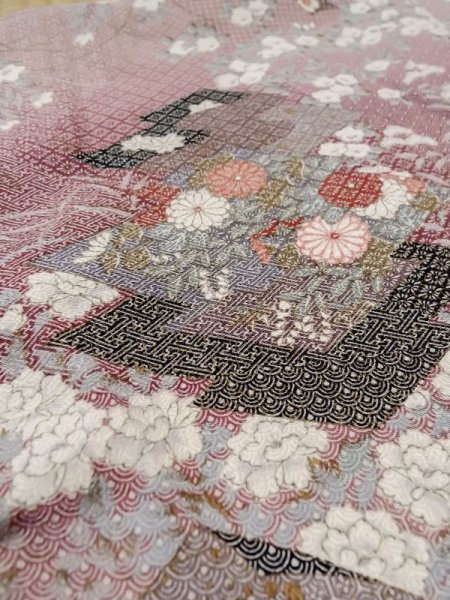 Photo9: Mint M0728X Used Japanese womenPale Grayish Pink KOMON dyed / Silk. Peony,   (Grade A) (9)