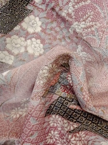 Photo13: Mint M0728X Used Japanese womenPale Grayish Pink KOMON dyed / Silk. Peony,   (Grade A) (13)