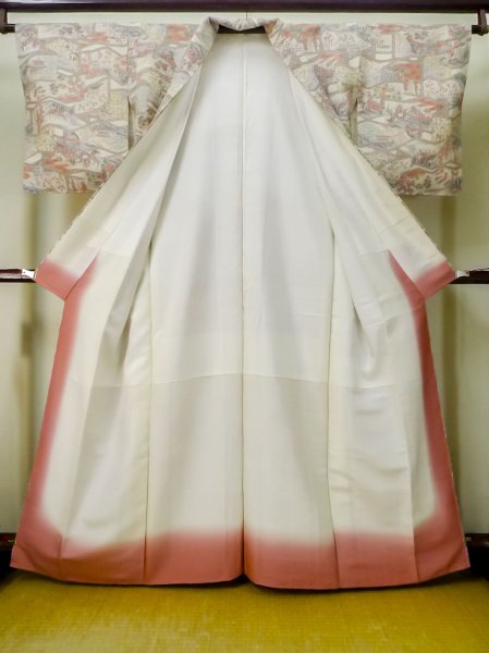 Photo2: Mint M0728Z Used Japanese women  Pink KOMON dyed / Silk. Chrysanthemum, The folding screen motifs.  (Grade A) (2)