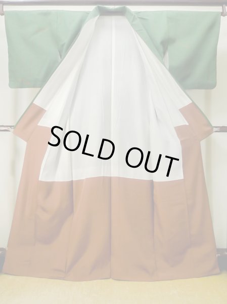 Photo2: Mint M0729C Used Japanese women  Green TSUMUGI pongee / Silk. Flower,   (Grade A) (2)