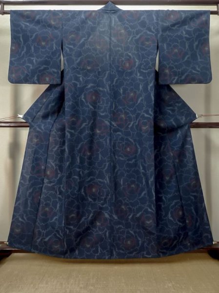 Photo1: M0808D Vintage Japanese women  Dark Navy Blue HITOE unlined / Wool. Rose   (Grade C) (1)