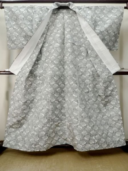 Photo2: M0808G Vintage Japanese women   Gray HITOE unlined / Silk. Flower,   (Grade C) (2)